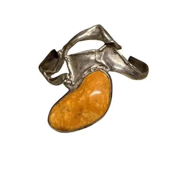 Artisan Made Eclectic Sterling Silver and Amber??? Statement Cuff Bracelet - Picture 2 of 11